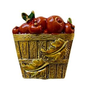 Vintage Textured Basket Of Apples Brooch Goldtone Glass And Enamel